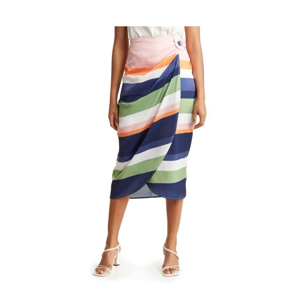 NWT Jaclyn Smith Stripe Buckle Wrap Satin Midi Skirt Size Large